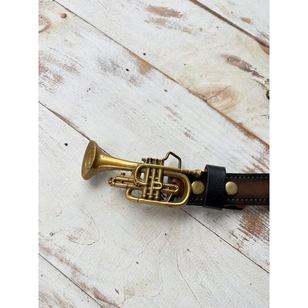 Vintage 70s leather belt Baron solid Brass Buckle cornet trumpet music band 34 - Picture 8 of 16